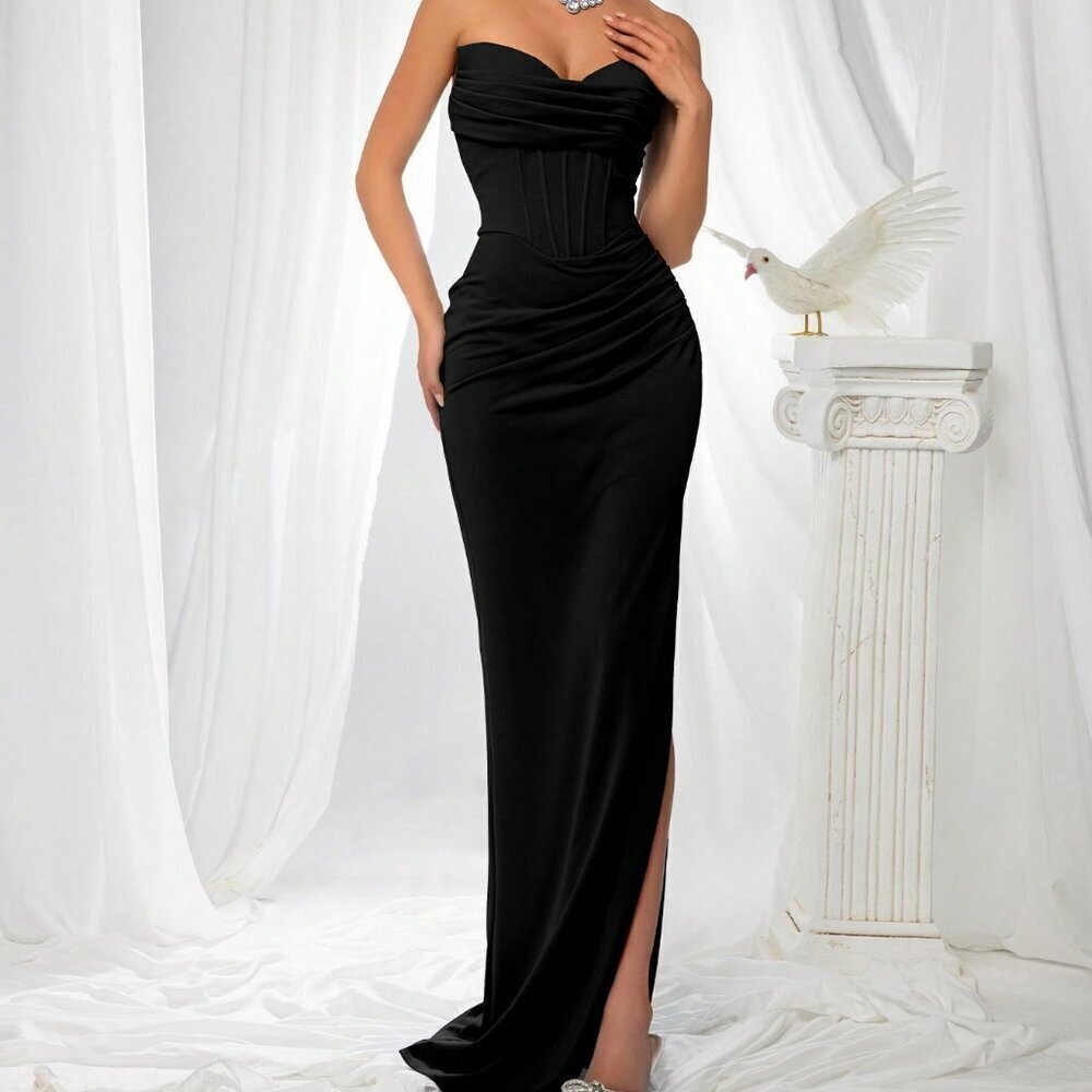 Black Party Women's Elegant Strapless Flattering Fitted Satin Dress